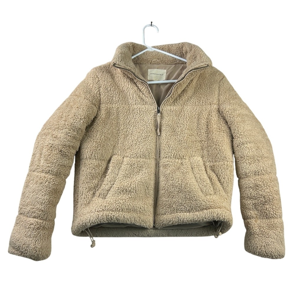 Aeropostale Solid Sherpa Puffer Jacket S Tan Full Zip Gorpcore Cozy Teddy